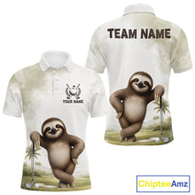 Load image into Gallery viewer, Two polo shirts with sloth graphics and customizable text on a white background
