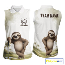 Load image into Gallery viewer, Sleeveless golf shirt with sloth design and customizable text on a white background