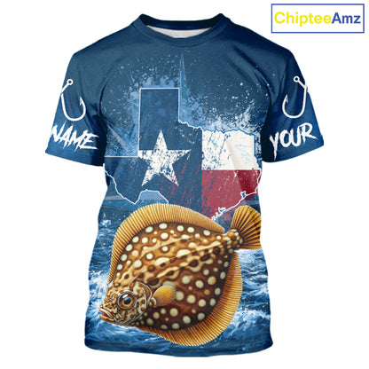 Texas Flag Flounder Fishing Jersey Short Sleeve Fishing T-Shirts , Saltwater Angler Gift For Men 