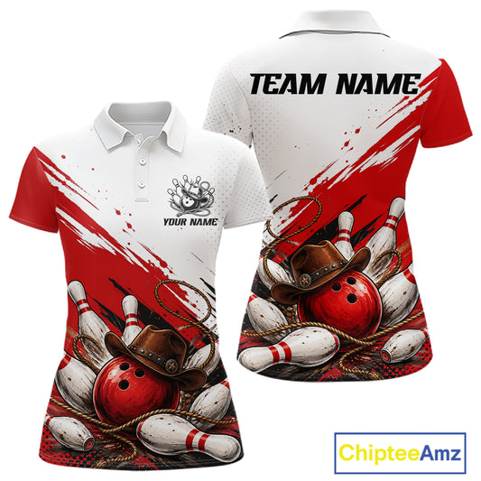 Front and back views of a custom short-sleeve polo shirt featuring a red and white western bowling theme with bowling pins, bowling balls, a lasso, and cowboy hats. The front has a placeholder logo and text, and the back has 'TEAM NAME' printed across the shoulders.