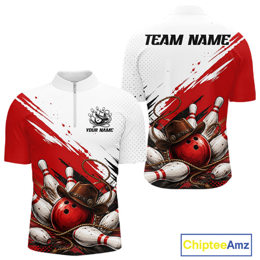 Front and back views of a short-sleeve zip-up bowling-themed t-shirt. The design features red and white paint splatters with illustrations of bowling balls, pins, and a cowboy hat.