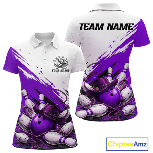 Front and back views of a short-sleeve polo shirt with a bowling-themed graphic print in purple, white, and black. The front shows a collar, partial button placket, a small crest logo with 'YOUR NAME', and 'TEAM NAME' printed across the back.
