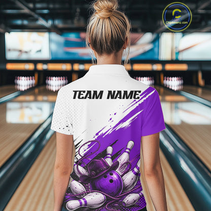 Cowboy Women Bowling Custom Name Polo Shirt, Personalized Team 1/4 Zip Bowling Jersey Gift|Purple NHT1326