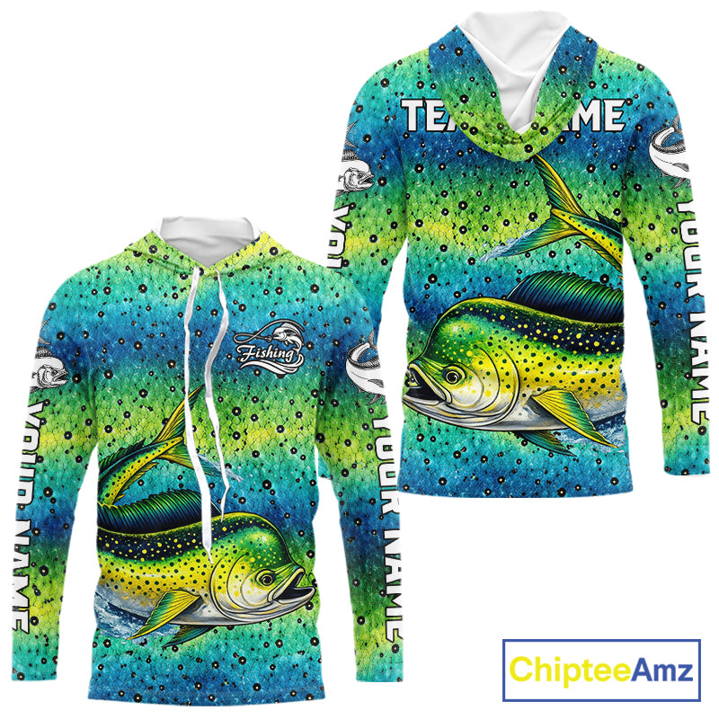 Mahi Mahi Fishing Team Jerseys, Mahi Mahi Fishing Shirts Long Sleeve Hooded Green Camo  NHT614