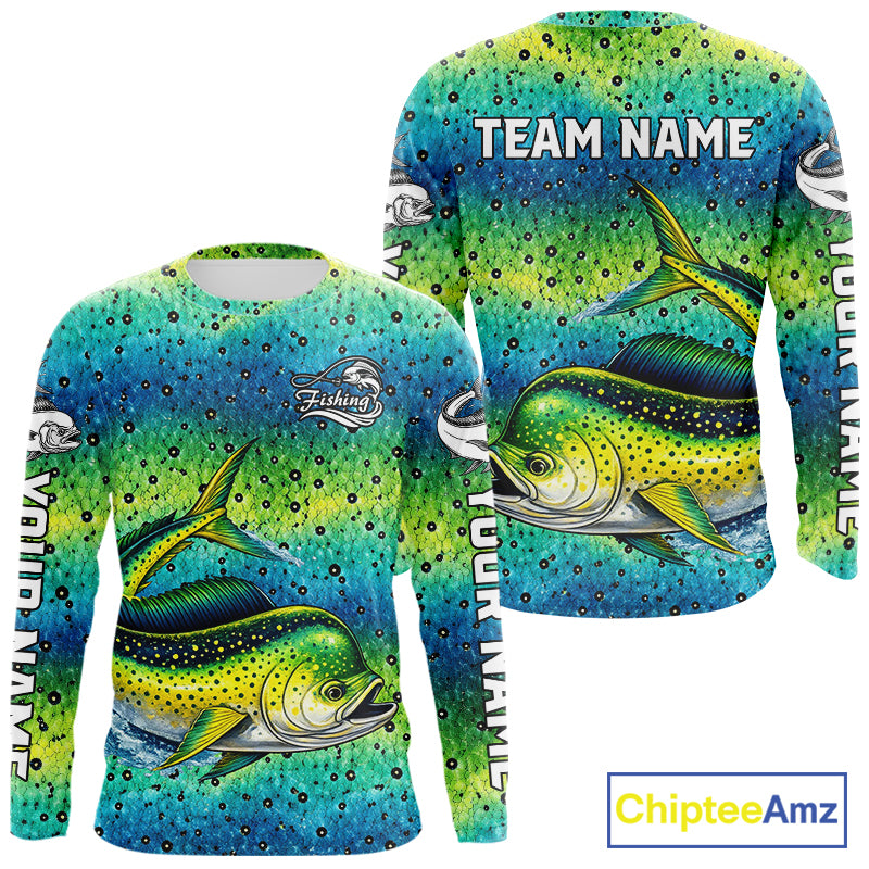 Mahi Mahi Fishing Team Jerseys, Mahi Mahi Fishing Shirts Long Sleeve Green Camo  NHT614
