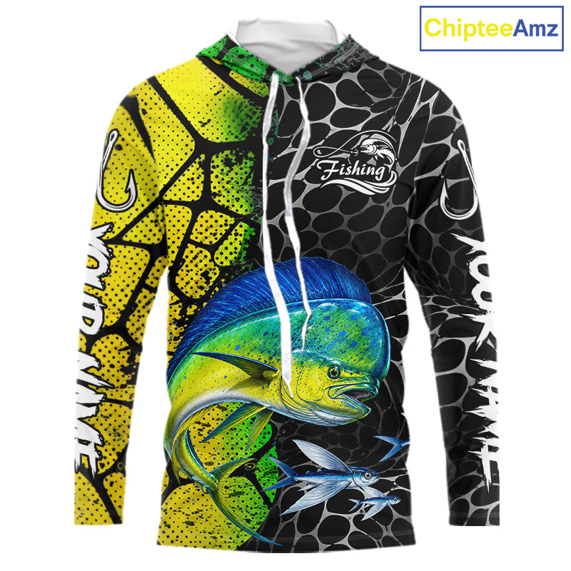 Custom Mahi Mahi Fishing Shirts Hooded Long Sleeve Performance Jersey Long Sleeve Angler Gift NHT1333