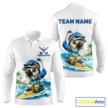 Load image into Gallery viewer, Tropical beach bird mens golf polo shirt, personalized surfing parrot print, side view.
