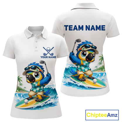 Personalized surfing parrot womens golf polo shirt, tropical beach bird golf team shirt, front view.
