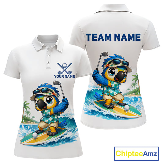 Personalized surfing parrot womens golf polo shirt, tropical beach bird golf team shirt, front view.
