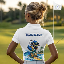 Load image into Gallery viewer, Tropical beach bird womens golf polo shirt, personalized surfing parrot print, side view.