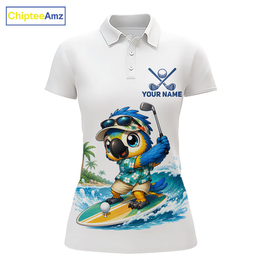 Personalized surfing parrot womens golf polo shirt, tropical beach bird golf team shirt, front view.