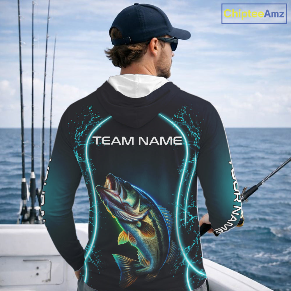 Personalized Neon Bass Fishing Shirt, Largemouth Bass Long Sleeve Hooded Performance Apparel 