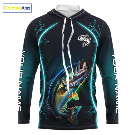 Personalized Neon Bass Fishing Shirt, Largemouth Bass Long Sleeve Hooded Performance Apparel 