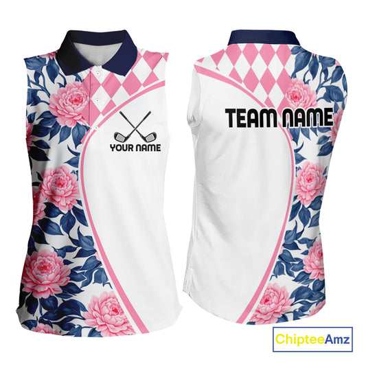Personalized Pink Tropical Flower Womens Sleeveless Golf Tops Custom Team Golf Shirts, Familly Team Shirt NHT699