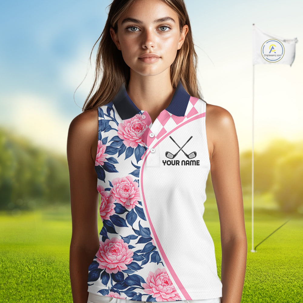 Personalized Pink Tropical Flower Womens Sleeveless Golf Tops Custom Team Golf Shirts, Familly Team Shirt NHT699