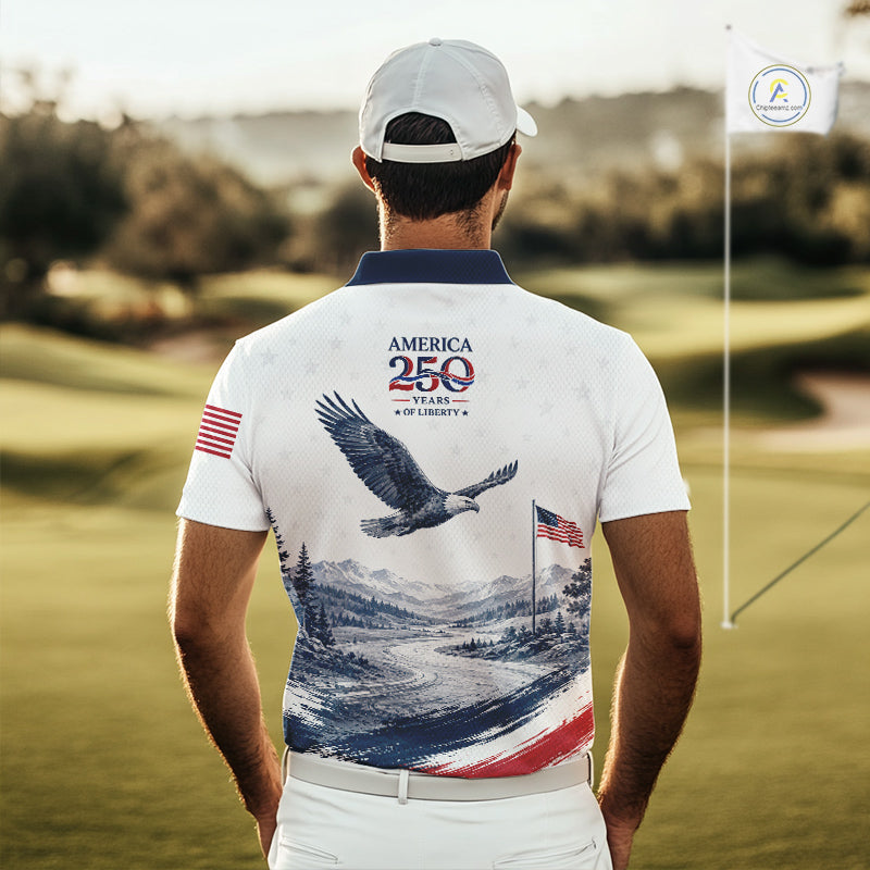 Man wearing a white polo shirt with an eagle design and 'America 250' text on a golf course.