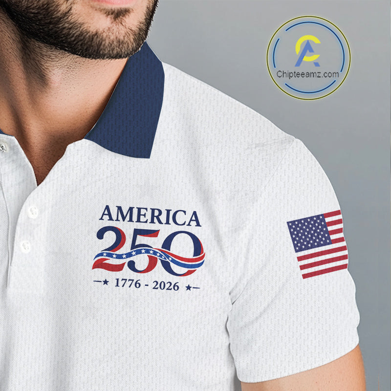 White polo shirt with 'America 250' design and American flag on sleeve, brand logo visible.