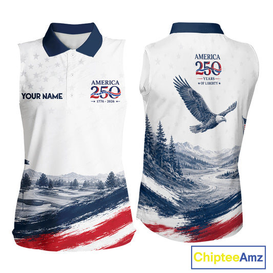 Personalized America 250 Womens Sleeveless Golf Polo Shirt – Patriotic Eagle USA 250Th Anniversary Apparel
