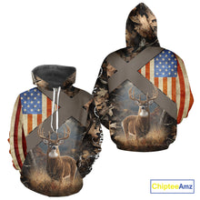 Load image into Gallery viewer, American Flag Deer Hunting Hoodie For Men – 3D Whitetail Buck Camo NHT336