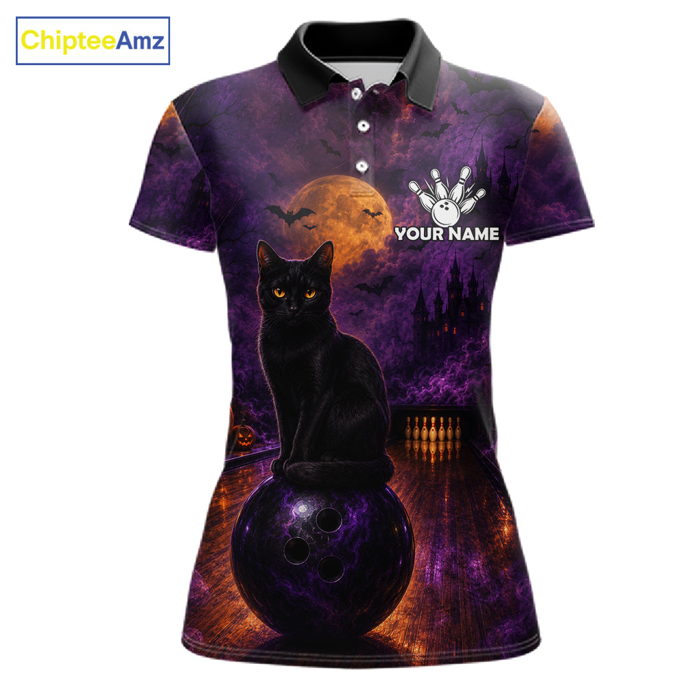 Black Cat Halloween Bowling Polo Shirt Custom Name Team Quarter Zip Jersey For Women NHT1351