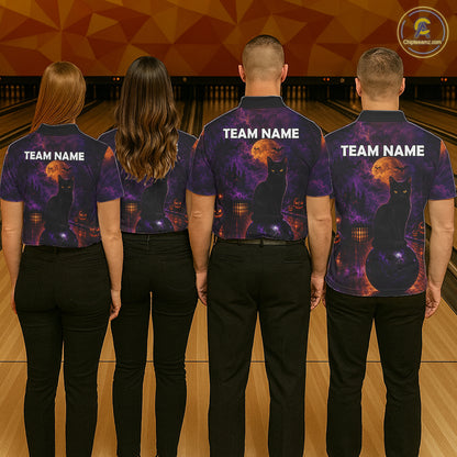Black Cat Halloween Bowling Polo Shirt Custom Name Team Quarter Zip Jersey For Women NHT1351