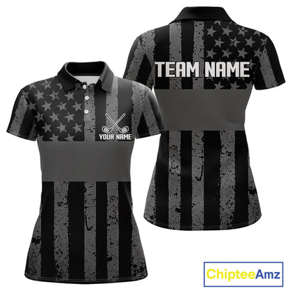 Black White American Flag Womens Golf Polo Shirts Custom Name, Team Name For Women Golf Gift NHT886