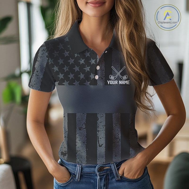Black White American Flag Womens Golf Polo Shirts Custom Name, Team Name For Women Golf Gift NHT886