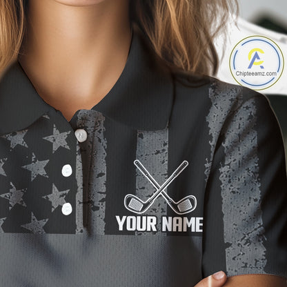 Black White American Flag Womens Golf Polo Shirts Custom Name, Team Name For Women Golf Gift NHT886