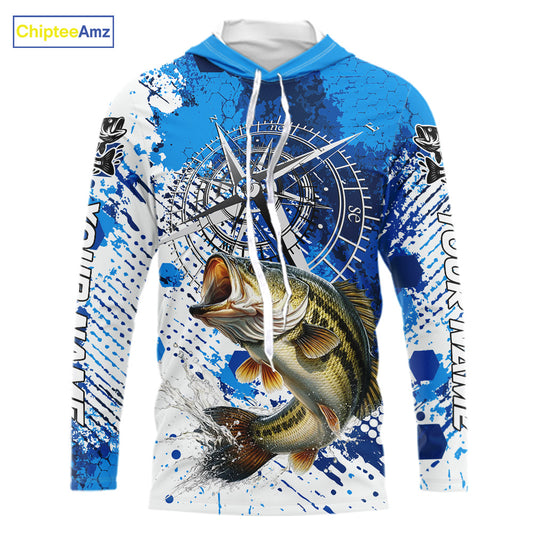 Blue Camo Custom Largemouth Bass Compass Hooded Long Sleeve Tournament Fishing Shirts NHT527