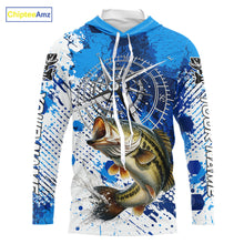 Load image into Gallery viewer, Blue Camo Custom Largemouth Bass Compass Hooded Long Sleeve Tournament Fishing Shirts NHT527