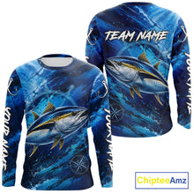 Load image into Gallery viewer, Back view of custom tuna fishing shirt made from breathable polyester with UPF 30+ sun protection.