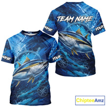 Load image into Gallery viewer, Back view of custom tuna fishing shirt made from breathable polyester with UPF 30+ sun protection.