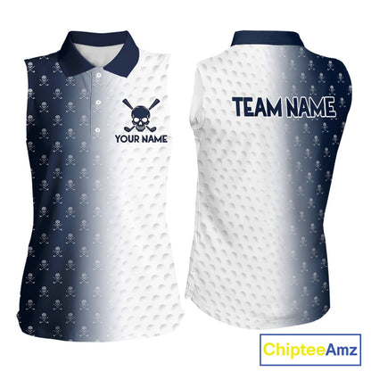 Personalized Skull Womens Sleeveless Golf Polo Shirt Custom Team Name Golf Ball Pattern Polo 