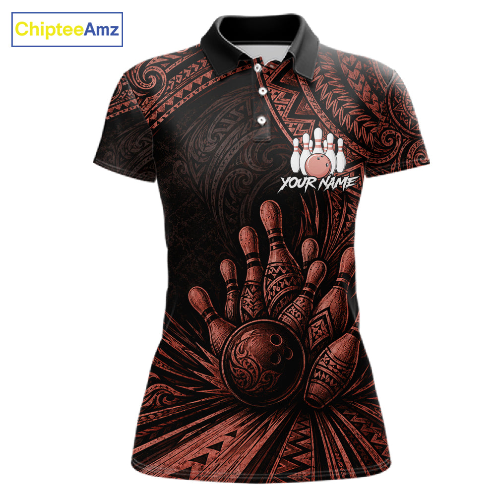 A women's short-sleeve polo shirt with a black and dark brown tribal-inspired bowling graphic, featuring a bowling hand, bowling ball, pins, and a customizable name print on the chest. The shirt is displayed on a white background with a 'ChipteeAmz' logo in the top-left corner.