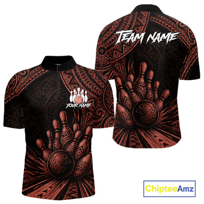 Front and back views of a short-sleeve quarter-zip polo shirt with a black and dark red tribal-style bowling graphic, featuring customizable text placeholders 'YOUR NAME' and 'TEAM NAME'.