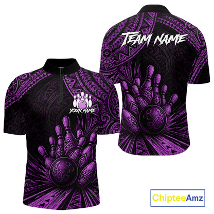 A short-sleeve quarter-zip bowling-themed shirt shown from the front and back on a white background. The design features a black base with a purple tribal hand graphic containing a bowling ball, with customizable white text areas reading 'TEAM NAME' and 'YOUR NAME'.