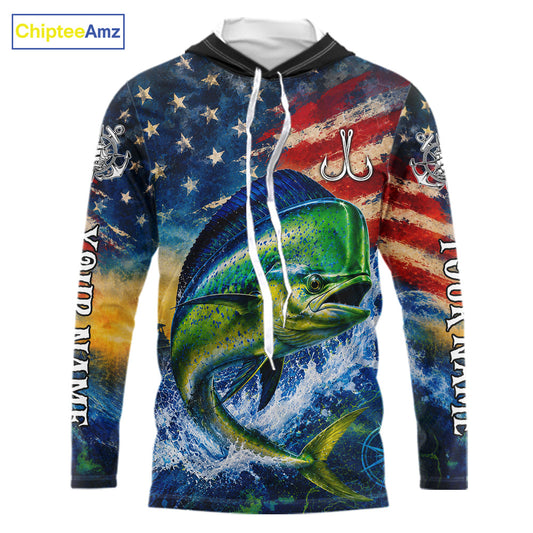 Mahi Mahi Fishing Shirt American Flag 3D All Over Print Long Sleeve Hooded Performance Apparel For Men NHT1087