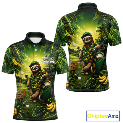 Custom Green Funny Sloth Tropical Mens Golf Polo Shirts, Golf Tournament Jersey For Men NHT927