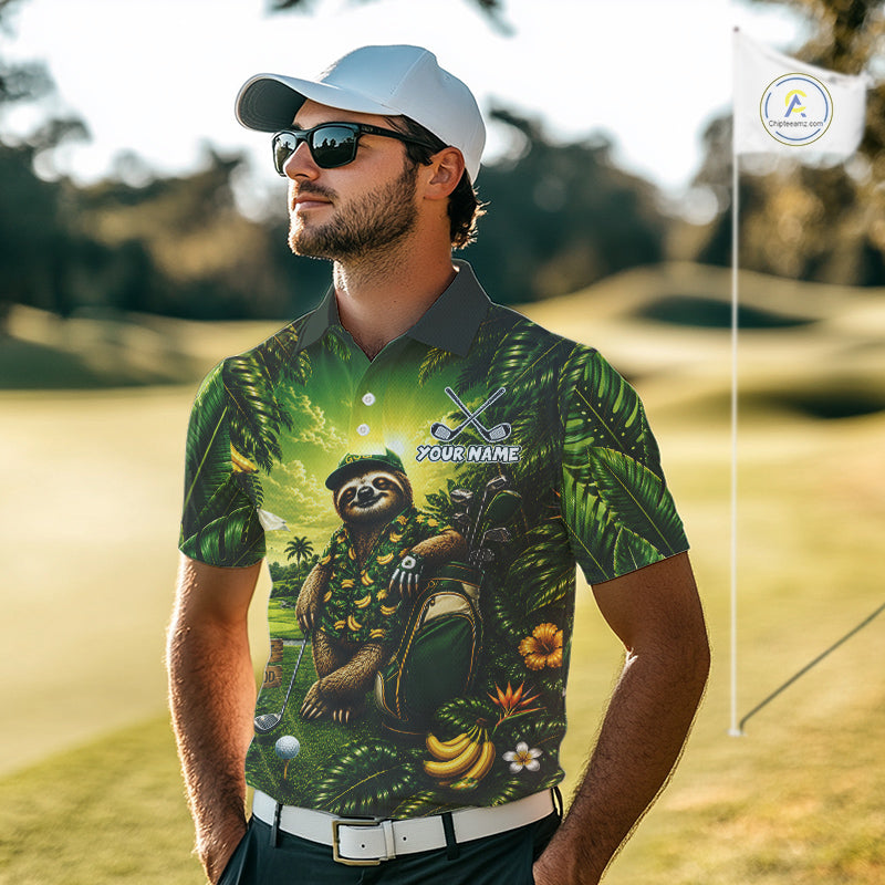 Custom Green Funny Sloth Tropical Mens Golf Polo Shirts, Golf Tournament Jersey For Men NHT927