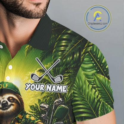 Custom Green Funny Sloth Tropical Mens Golf Polo Shirts, Golf Tournament Jersey For Men NHT927