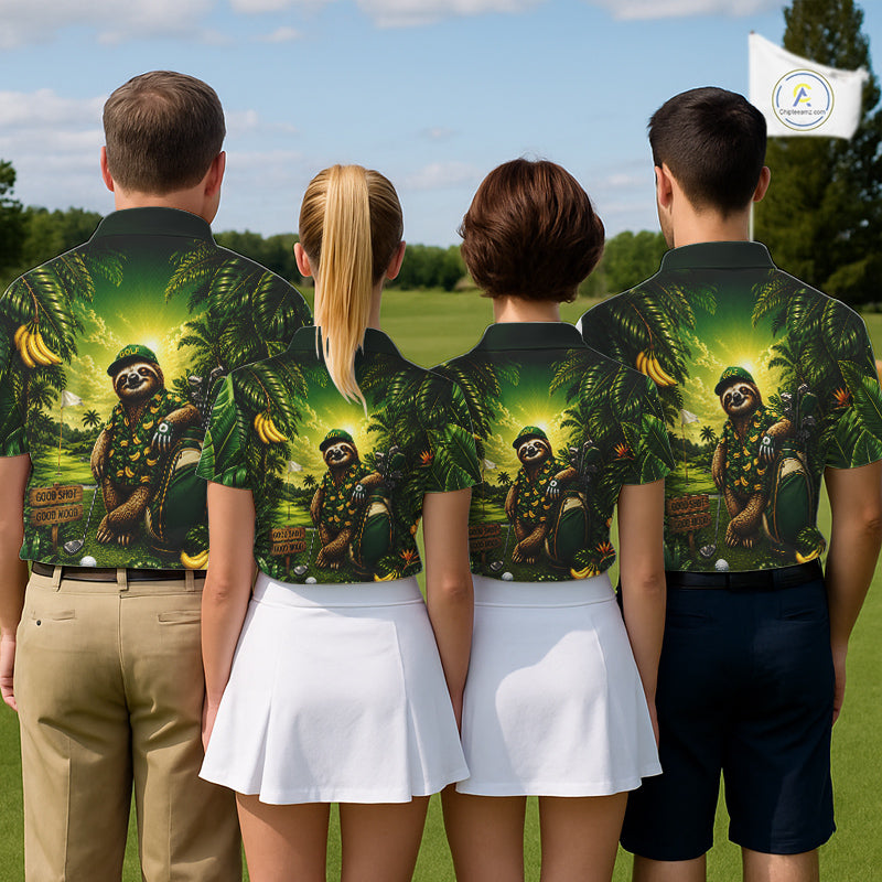 Custom Green Funny Sloth Tropical Mens Golf Polo Shirts, Golf Tournament Jersey For Men NHT927