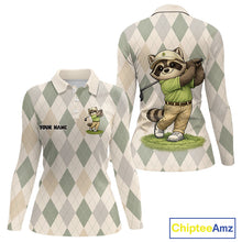 Load image into Gallery viewer, Personalized Raccoon Golfer Polo Shirt Funny Golf Argyle Pattern Custom Name Golf Lover Gift for Womens 