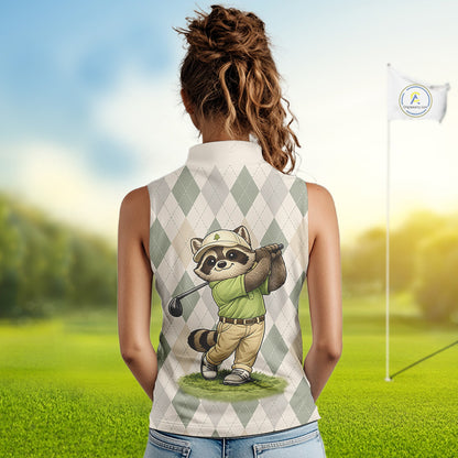 Personalized Raccoon Womens Sleeveless Golf Polo Shirt Funny Golf Argyle Pattern Custom Name Golf Lover Gift 