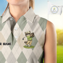 Load image into Gallery viewer, Personalized Raccoon Womens Sleeveless Golf Polo Shirt Funny Golf Argyle Pattern Custom Name Golf Lover Gift 