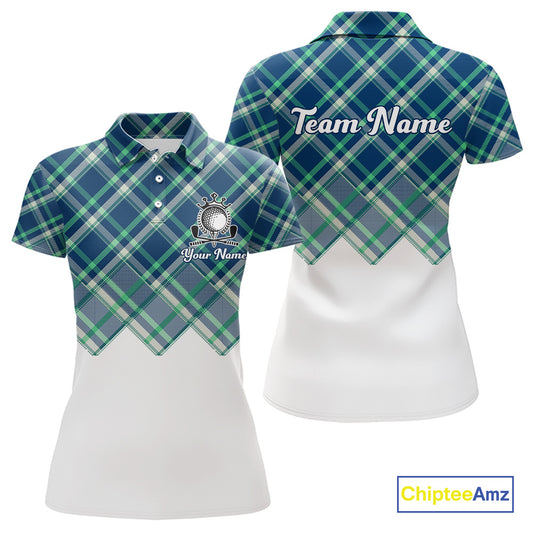 White Blue Argyle Pattern Womens Golf Shirt Golf & Custom Name Womens Golf Polo Shirt NHT558