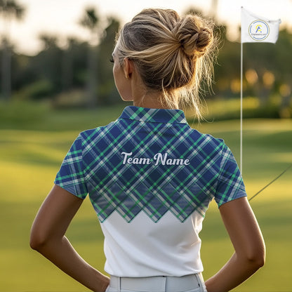 White Blue Argyle Pattern Womens Golf Shirt Golf & Custom Name Womens Golf Polo Shirt NHT558