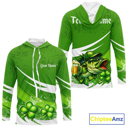 Custom St Patrick's Day Bass Long Sleeve Hooded Fishing Shirts, Bass Fishing Jerseys NHT422