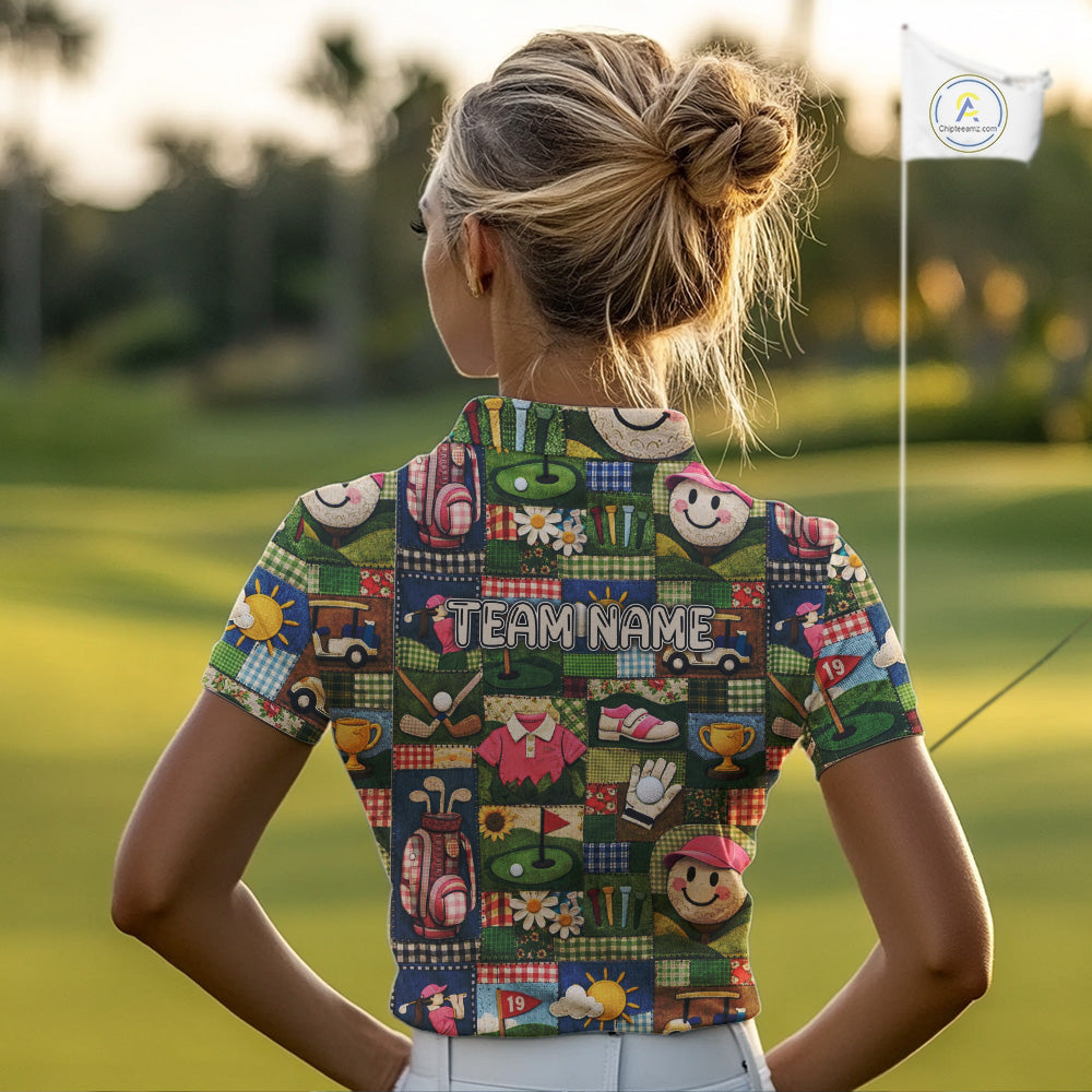 Funny Golf Patchwork Polo Shirt For Women, Personalized Womens Golf Polo Shirt, Vintage Quilt Golf Pattern NHT577