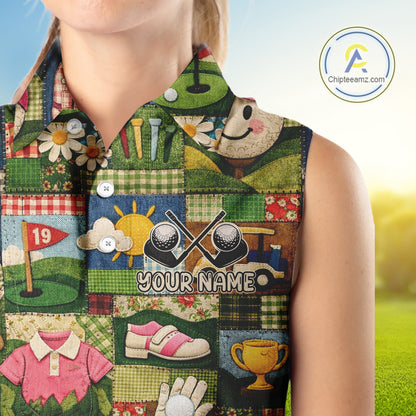 Funny Golf Patchwork Polo Shirt For Women, Personalized Womens Sleeveless Golf Polo Shirt, Vintage Quilt Golf Pattern NHT577