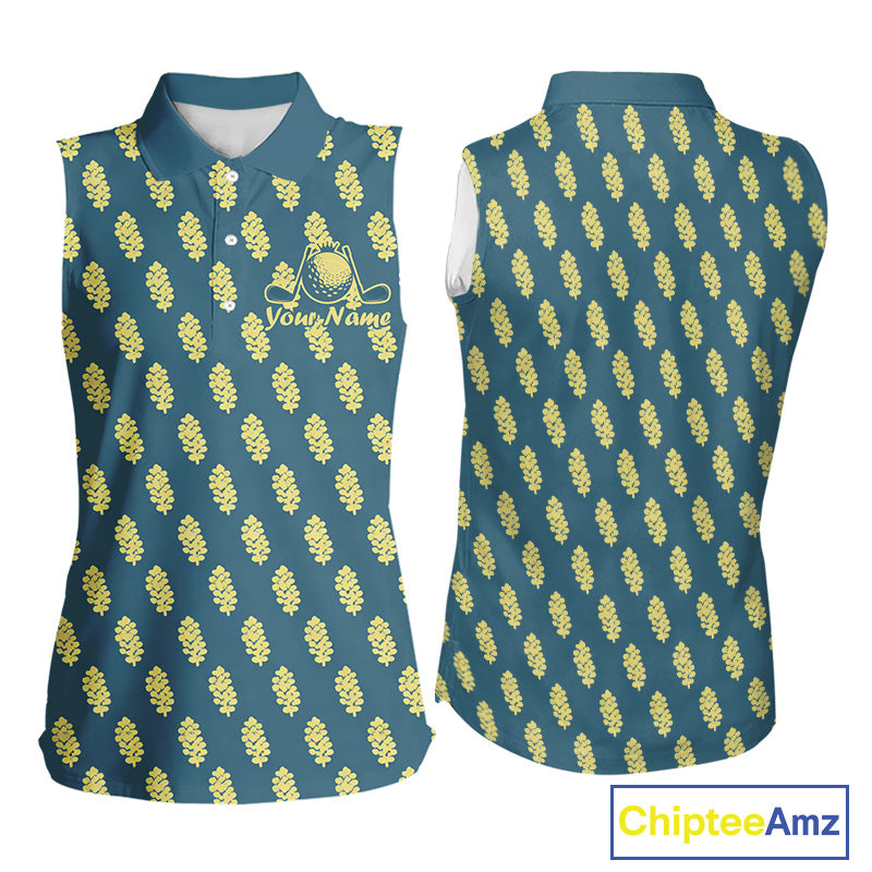 Teal Sleeveless Womens Golf Polo Shirt With Flower Pattern – Lightweight Performance Polo For Women NHT782